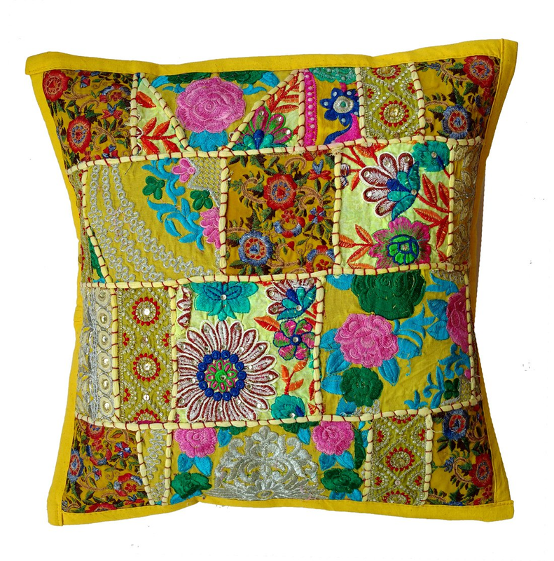 Rastogi Handicrafts Embroidered Sari Patchwork Cushion Cover Handmade Patchwork Cushion Pillow, Sari Patch Throw Pillow Indian Ethnic Pillow Covers (5)