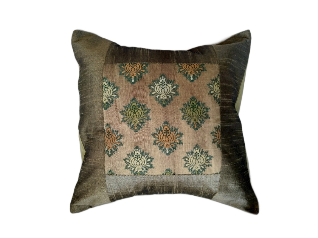 Beige Silk Zari Brocade 16 ⨉ 16 Cushion Pillow Cover, Sofa Cushion Cover, Bedding Cushion Cover, Cotton Cushion Cover, Decorative Pillow set of 5