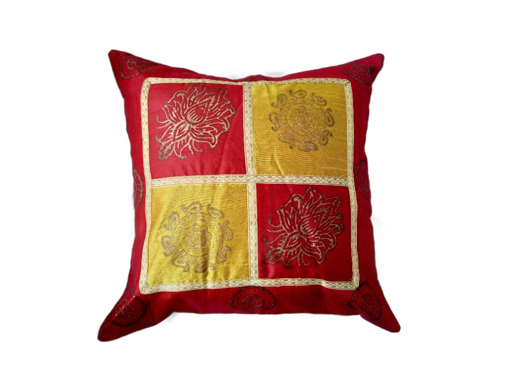 Red Silk Gold Printed Patchwork Cushion Pillow Cover Size 16 ⨉ 16, Sofa Pillow