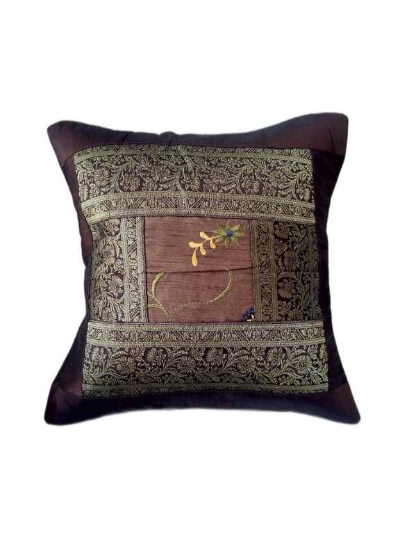 Brown Silk Embroidery Bordered Pillow Cases Size 16 ⨉ 16, Sofa Cushion Cover, Bedding Cushion Cover, Cotton Cushion Cover, Decorative Pillow set of 5